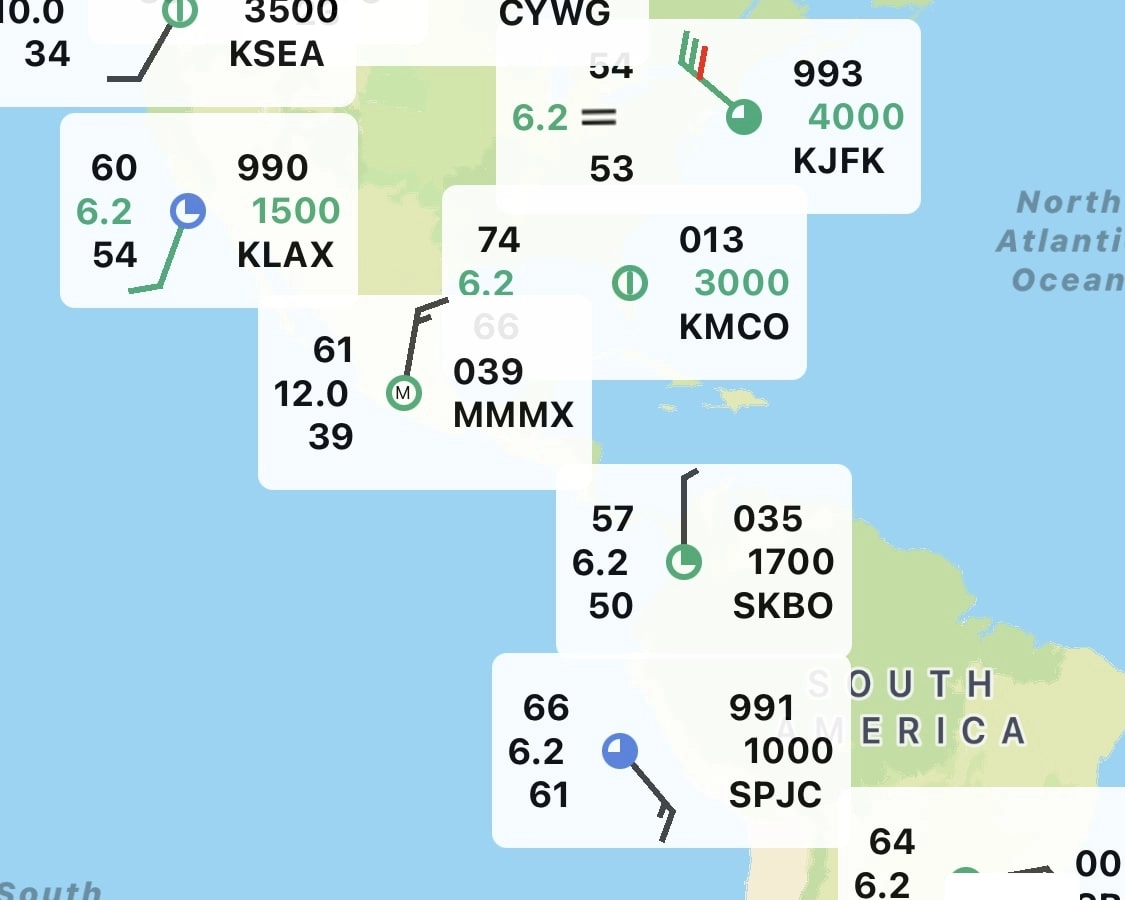 A map interface with weather details from each airport displayed in a graphical format (station model)