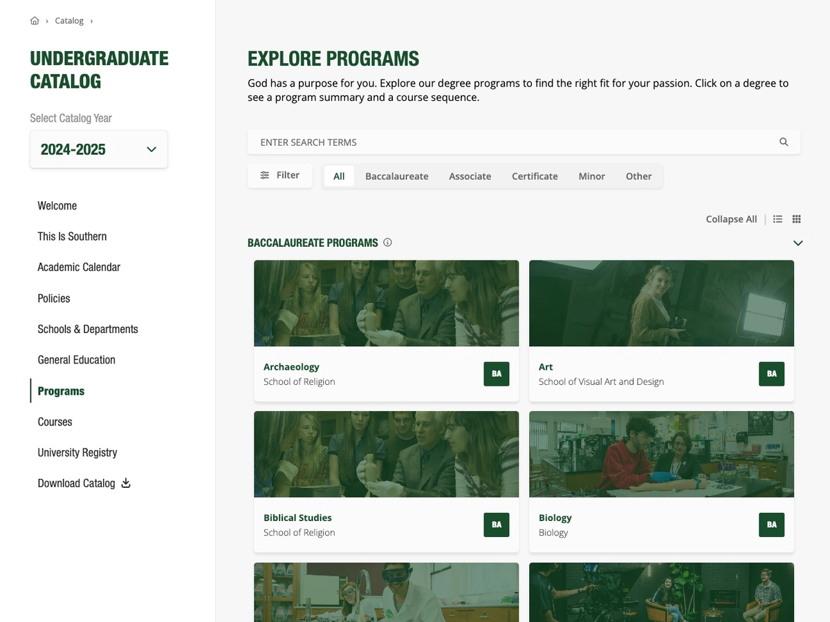 Southern Adventist University's Online Catalog System, specifically a view of all programs