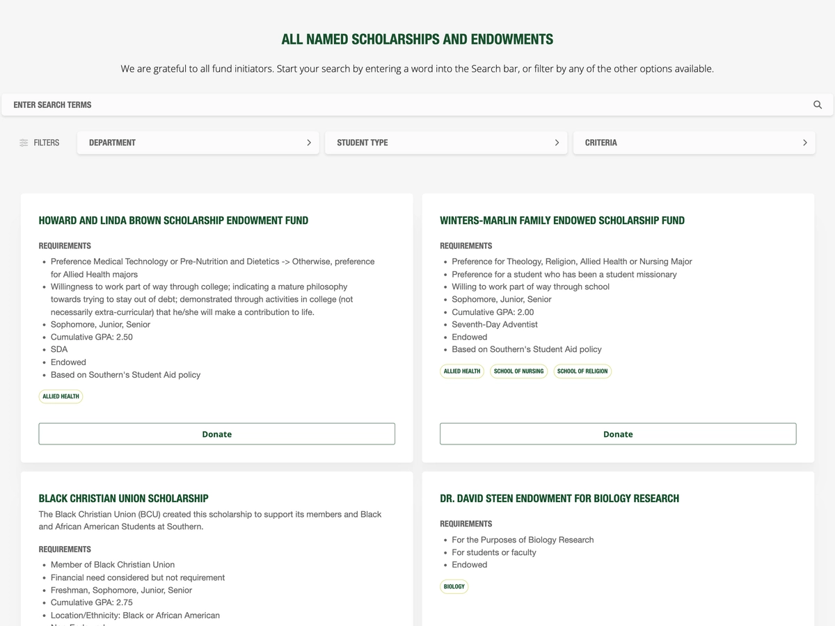 Southern Adventist University's Scholarship Searching and Filtering System